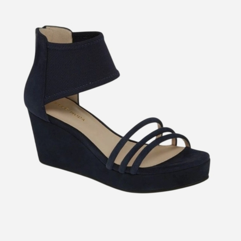 Pelle Moda • 'Katrice' Platform Wedge Sandal - Navy Blue Suede. Sz 8.5M.
